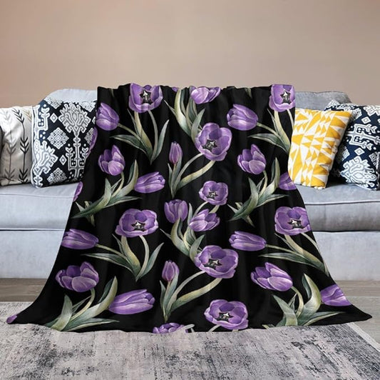 Purple Tulip Blanket Flower Gifts for Girls Women Tulip Floral Throw Blanket for Kids Adults Soft Warm Cozy Fleece Blanket for Couch Sofa Bed 40"x50"