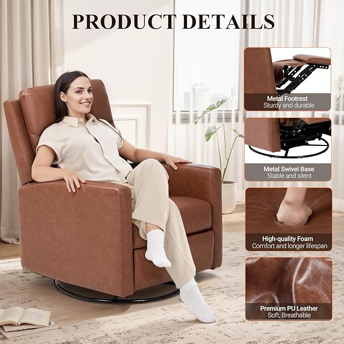 COLAMY Recliner Chair Set of 2, PU Leather 360° Swivel Rocker Recliner, Nursery Glider Recliner with Ergonomic High Backrest and Upholstered Deep Seat for Living Room, Bedroom, Color Cocoa