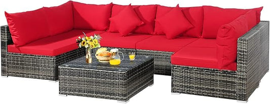 Tangkula 7 Pieces Patio Rattan Furniture Set, Patiojoy Outdoor Conversation Set with Cushions and Tempered Glass Coffee Table, All-Weather Sectional Sofa Set for Garden, Lawn, Backyard (Red)