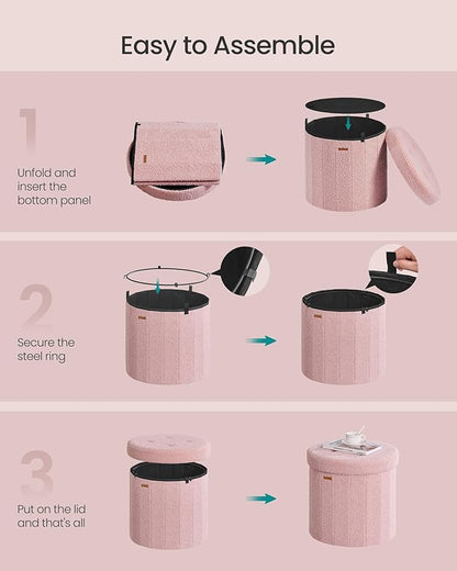 SONGMICS Mazie Collection - Round Storage Ottoman, Folding Footrest Stool with Removable Lid, Easy Assembly, Teddy Fleece Vanity Stool for Bedroom, Living Room, Entryway, Jelly Pink ULSF606R01