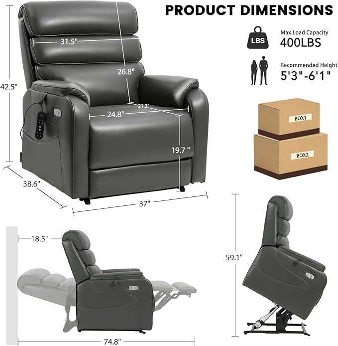 EONIX Wide Lay Flat Power Lift Recliner Chair for Elderly, Heavy Duty Oversized Breathable Faux Leather Lift Chairs Recliner Sofa with Heat and Massage and Charging Ports, Grey