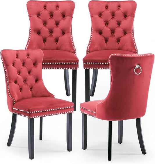 Velvet Upholstered Dining Chairs Set of 4, Modern Style Kitchen Side Chairs with Nailhead Trim and Wood Legs,Metal Pulling Ring for Dining Room Living Room(Wine Red,Set of 4)