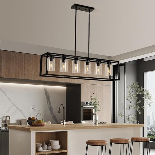Farmhouse Dining Room Light Fixture Kitchen Island 6-Light Pendant Lighting， Adjustable Rectangle Black Contemporary Chandeliers with Glass Shade (6 Light)