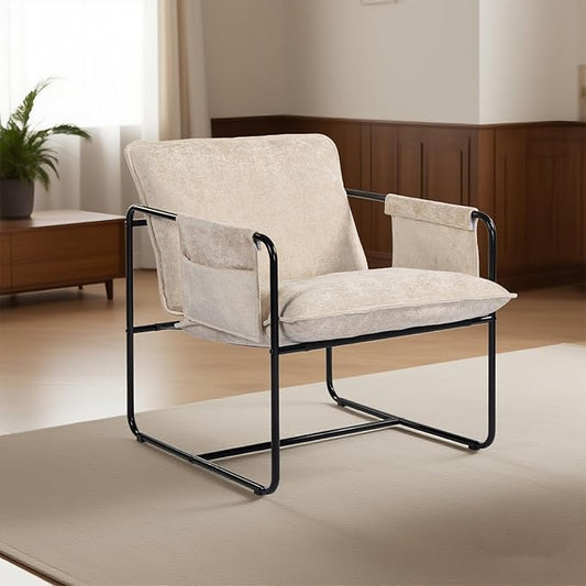Modern Accent Chair Comfortable Living Room Chairs with Armrests, Bedroom Reading Chair, Chenille Upholstered Lounge Metal Chair