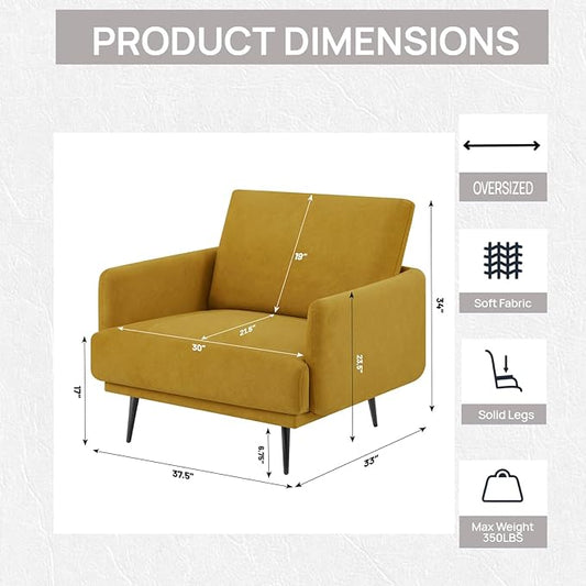 Mid-Century Accent Chair,Modern Oversized Armchair for Living Room,Comfy Upholstered Reading Accent Chairs for Bedroom,Single Sofa Chair (Yellow-1PACK)