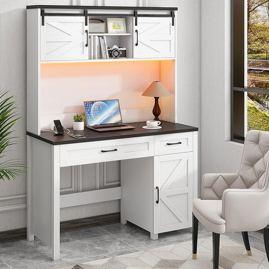 Vabches Farmhouse 47" Executive Desk, Computer Desk with 2 Drawers, LED Light and Storage Cabinet, Home Office Desk with Hutch, Charging Hub, Workstation for Home Office and Study,(Black desktop).