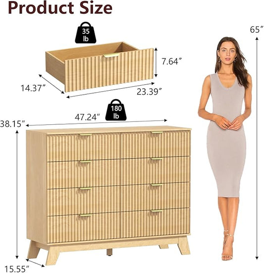Fluted Dresser for Bedroom,8 Drawer Dresser for Closet Organizer and Storage Cabinet,Chest of Drawers with Gold Handle,TV Stand,Storage Organizer for Living Room,Hallway,Entryway,Nature Oak