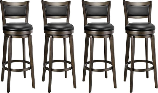 PrimeZone Swivel Bar Stools Set of 4, 34 Inch Extra Tall Bar Height Barstools, Black Faux Leather Bar Stool with High Backrest, Solid Wood Leg, Wrap-Around Footrest, Counter Stools for Pub