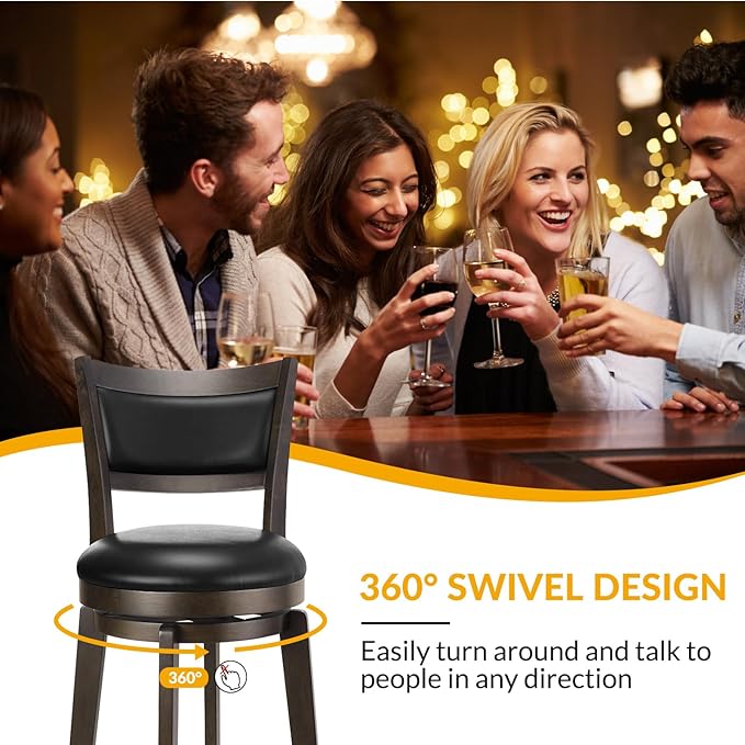 PrimeZone Swivel Bar Stools Set of 6, 34 Inch Extra Tall Bar Height Barstools, Black Faux Leather Bar Stool with High Backrest, Solid Wood Leg, Wrap-Around Footrest, Counter Stools for Pub