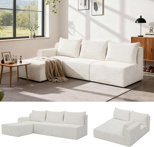 JSLOVE Modular L-Shape Sectional Sofa with Chaise, 3 Seat Movable Boneless Cloud Couch in One Box, Sofa Couch Bed with Ultra-Soft Corduroy Fabric, No Assembly Required for Living Room, Bedroom(Beige)