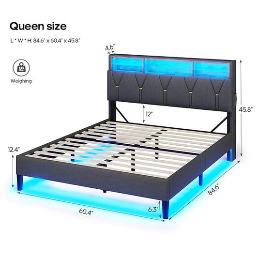 Queen Bed Frame with Storage Headboard and RGB LED Lights, Modern Upholstered Platform Bed Frame Queen Size with Charging Station, Stable Easy Assembly,Dark Grey