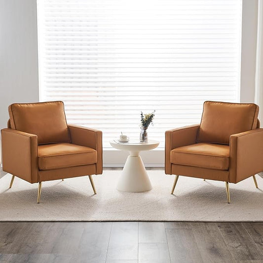 VINGLI Living Room Chairs Set of 2, Brown PU Leather Accent Chair Mid Century Modern Upholstered Sofa Chairs with Arms, Gold Legs for Living Room, Bedroom, Apartment