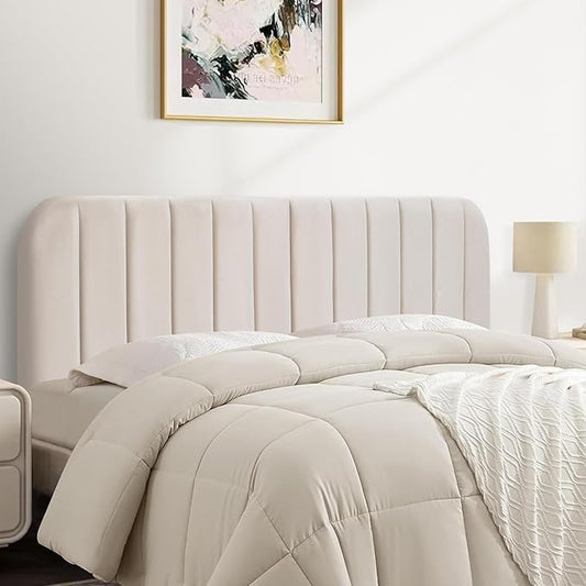 Upholstered Headboard - Striped Interval - Adjustable Height - Metal Legs - Bed Frame (Beige, King (U.S. Standard))