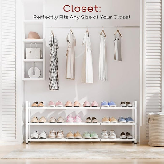 Bumusty 3-Tier Long Expandable Shoe Rack for Closet, 18"-44" Adjustable Shoe Rack for Entryway, 15-18 Pairs Large Shoe Organizer Shelf Storage, Sturdy Metal, White