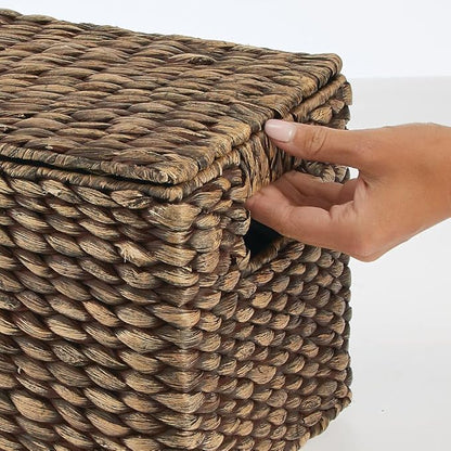 mDesign Woven Water Hyacinth Rectangle Storage Organizer Basket Bin with Topper Lid and Handles - Natural Farmhouse Holder Containers for Closet, Bedroom, Bathroom, Office - Set of 3 - Dark Brown