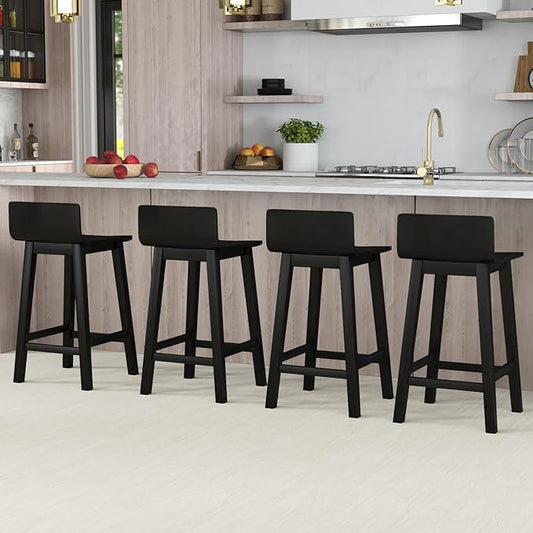 COSTWAY Solid Wood Bar Stools Set of 4, 24.5-inch Counter Height Chairs with Low Back and Footrest, Farmhouse Wooden Armless barstools for Kitchen Island, Dining Room, Cafe, Breakfast, Black