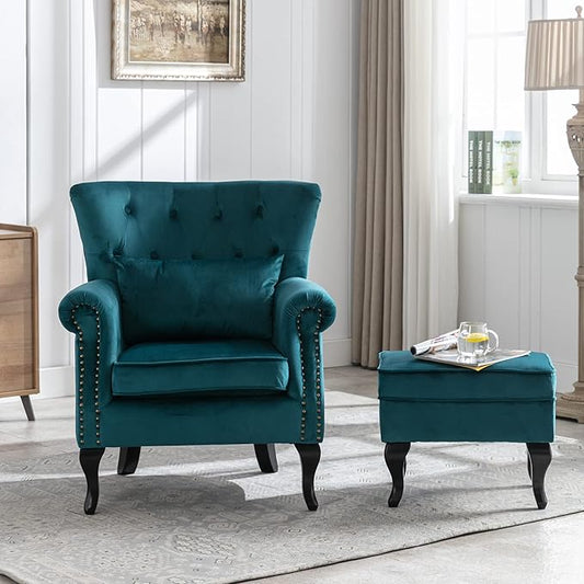 chairus Mid-Century Modern Accent Chair with Ottoman, Comfy Velvet Single Sofa Chair Button Tufted Wingback Armchair with Pillow for Living Room/Bedroom/Club - Teal