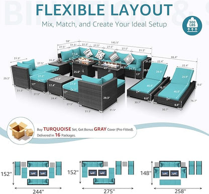 NICESOUL 18 Piece Outside Patio Set with Firepit and Loungers, Luxury Huge Complete Outdoor Sectional Sets with Fire Pit Table, 14-Seater Wide Deep Seated Sofa Modular for Deck,Poolside Gray&Turquoise