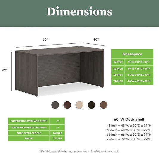 HON MOD Executive Desk 60-Inch Large Computer Desk Shell, Thick Wooden Laminate, Modern Table with Cord Management, 60" W x 30" D x 29" H, Slate Teak