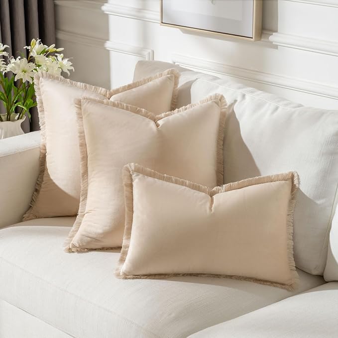 FUTEI Beige Velvet Decorative Throw Pillow Covers 18x18 Set of 2,Soft Cozy Edge with Tassels Cushion Case,Boho Modern Home Decor for Couch Bed Living Room