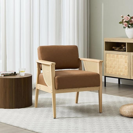 Mid Century Modern Accent Chair, Rattan Armchair with Wood Legs Living Room Chair PU Leather Upholstered Lounge Chair for Bedroom Reading Room, Brown