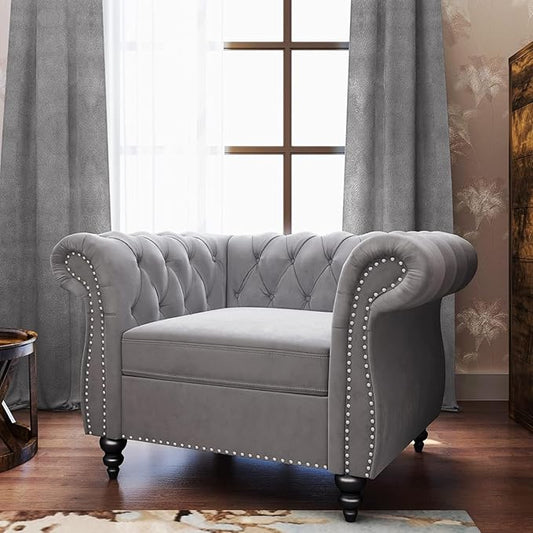 Living Room Chair, Modern Velvet Chesterfield Sofa Chair, Mid Century Single Sofa Couch Chair with Tufted Back and Rolled Arms, Accent Sofa Chair for Living Room Apartment, Grey