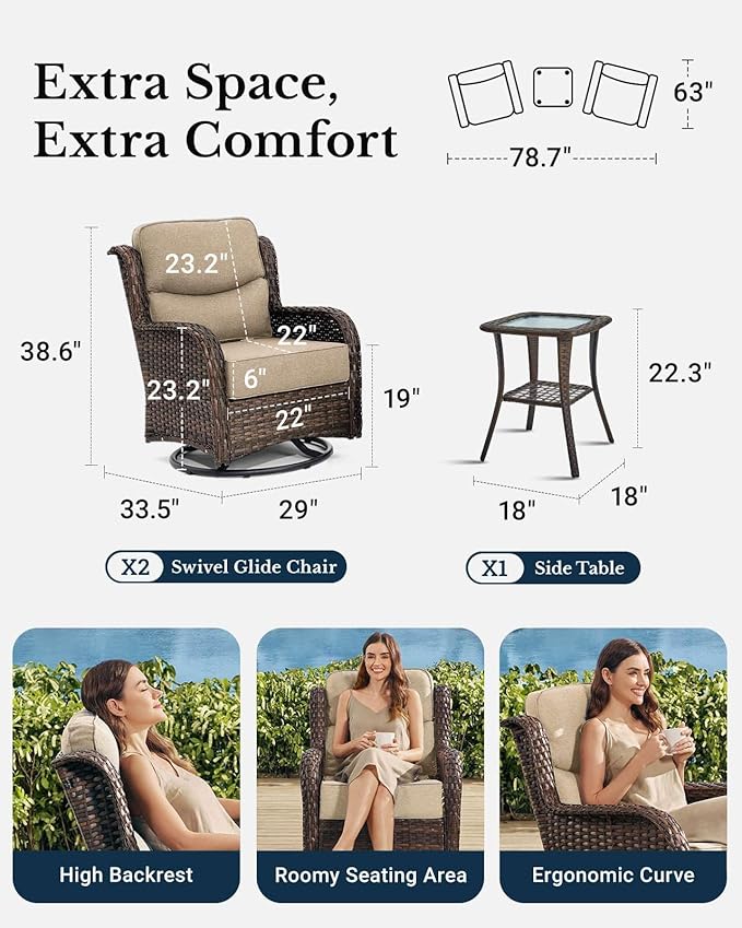 HILLGA Luxury Patio Furniture Set with 6-Inch Thick Cushions, High Back Outdoor Swivel Rocker Chairs and Table, 3-Piece All Weather Conversation Set for Porch Deck Balcony Yard, Beige (V3)
