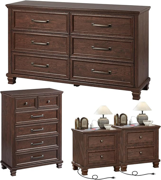 Farmhouse Bedroom Dresser and Nightstand Set of 4, 6 Drawer Tall & Low Dresser & 2 Drawer Nightstand Set, Rustic Wood Bedroom Furniture Set for Livingroom, Hallway, Walnut