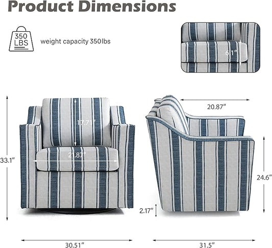 UIXE Swivel Accent Chair, Stripe Fabric Upholstered Arm Chair for Living Room, Modern Club Armchair Comfy Single Sofa Bedroom Reading Seat with Lumbar Pillow - Navy Blue