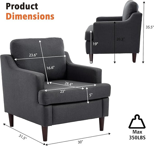 Mid-Century Accent Chair Modern Linen Fabric Armchair for Living Room,Comfy Upholstered Reading Chairs for Bedroom,Single Sofa Chair with Wood Legs (Darkgrey, Set of 2)