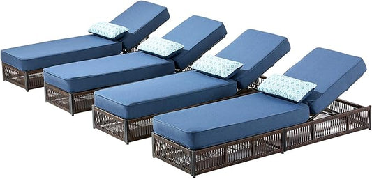 Luxury Outdoor Chaise Lounges with 5 Inch Thickened Cushions - Set of 4 High Back Brown Wicker Patio Recliners Rattan Reclining Chairs Porch Poolside Pool Sunbathing Lounger - Navy Blue