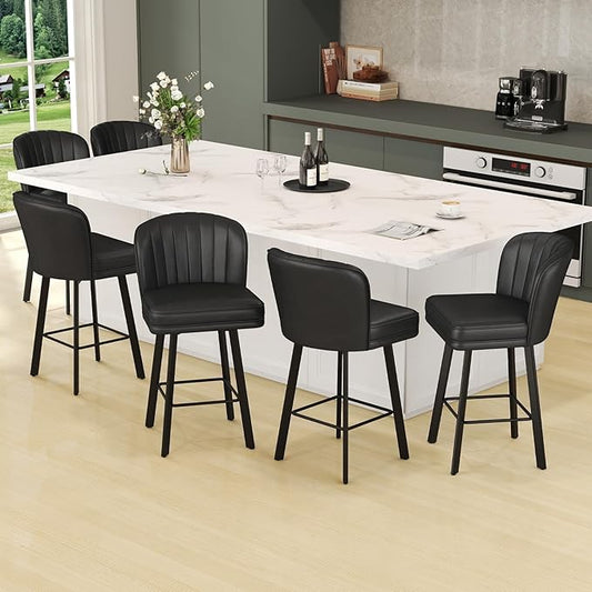 Swivel Counter Height Bar Stools Set of 6, 26'' Modern Barstools with Backs and Metal Legs, Upholstered Bar Chairs, Faux Leather Black Stools for Kitchen Island Chairs