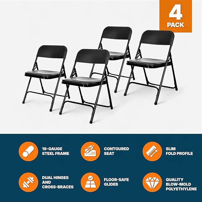 OEF Furnishings OEF800 Series Premium Heavy-Duty Plastic Folding Chairs, Lightweight, Durable Seating for Indoor and Outdoor Use, 500 lb Capacity (4-Pack, Black Plastic with Black Frame)