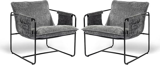 Modern Accent Chair Set of 2 Comfortable Living Room Chairs with Armrests, Bedroom Reading Chair, Chenille Upholstered Lounge Metal Chair