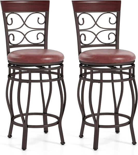 Giantex 26" Swivel Bar Stools Set of 2, Counter Height Bar Stools w/Back, Upholstered PU Leather Seat, Footrest, Max Load 330Lbs, Vintage Metal Barstools for Kitchen Island, Dining Room, Rustic Brown