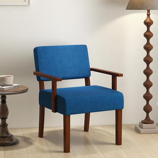 Giantex Mid Century Modern Accent Chair Blue - Linen Living Room Arm Chair w/Soft Padded Seat & Backrest, Rubber Wood Frame, Upholstered Reading Chair for Living Room, Bedroom, Reception