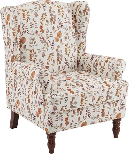 MELLCOM Floral Accent Chair, High Back Upholstered Armchair with Solid Legs, Leisure Single Sofa Chair for Living Room, Bedroom, Home Office, Orange Leaves