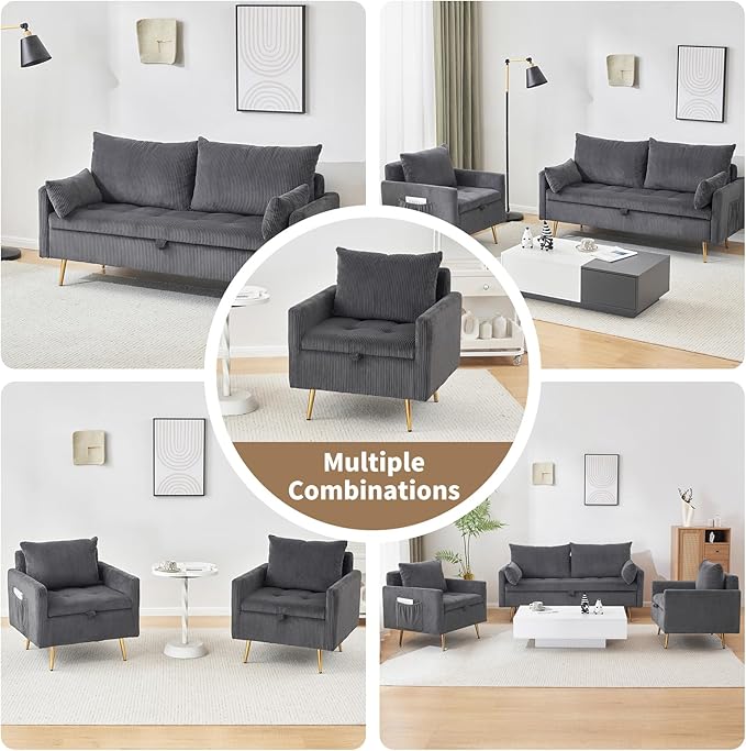Furnimart 2-Seater Storage Loveseat for Small Spaces, 62“ Corduroy Couch with Removable Cushion Cover and Metal Leg for Bedroom, Apartment, Tiny Homes and Lofts, Gray