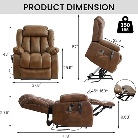 TEKAMON Power Lift Recliner Chair for Elderly with Heat & Massage, Dual Motor Breathable Leather Recliner, Lay Flat Sleeping Chairs with Infinite Position, Remote Control & USB Ports(Ochre, Extended)
