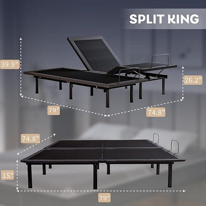 Split King Adjustable Bed Frame with 10 inch Gel Memory Foam Mattress, CertiPUR-US Certified Fiberglass Free, Zero Gravity & Wireless Remote, Head & Foot Incline, 80"×76"