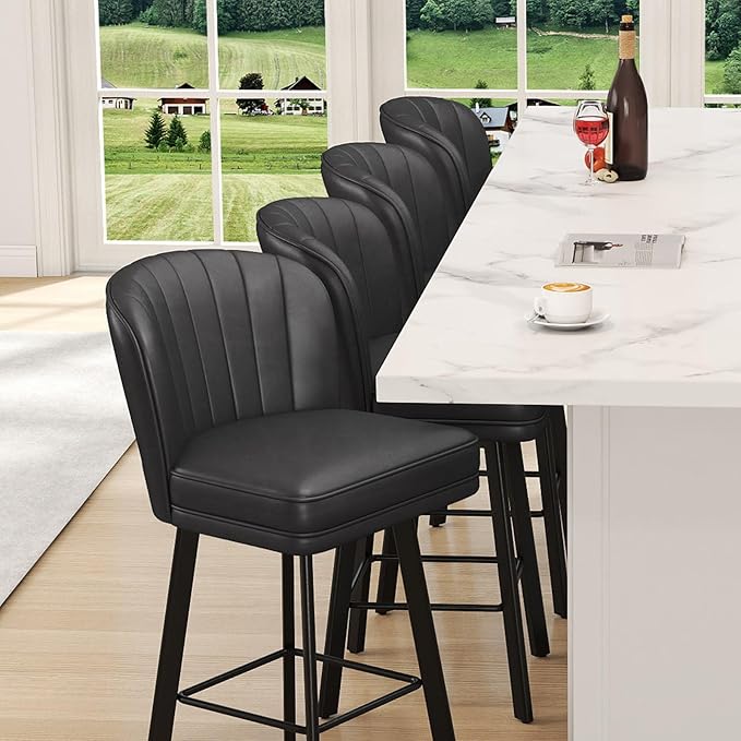 Swivel Counter Height Bar Stools Set of 3, 30'' Modern Barstools with Backs and Metal Legs, Upholstered Bar Chairs, Faux Leather Black Stools for Kitchen Island Chairs