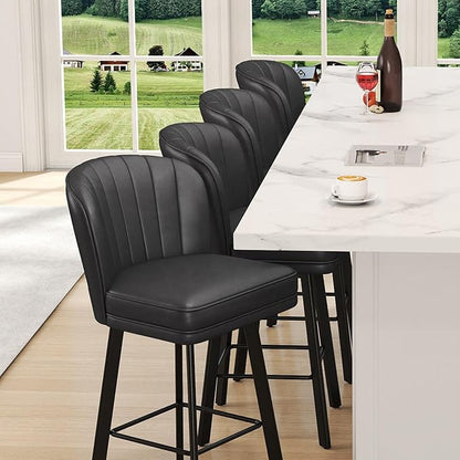 Swivel Counter Height Bar Stools Set of 2, 30'' Modern Barstools with Backs and Metal Legs, Upholstered Bar Chairs, Faux Leather Black Stools for Kitchen Island Chairs