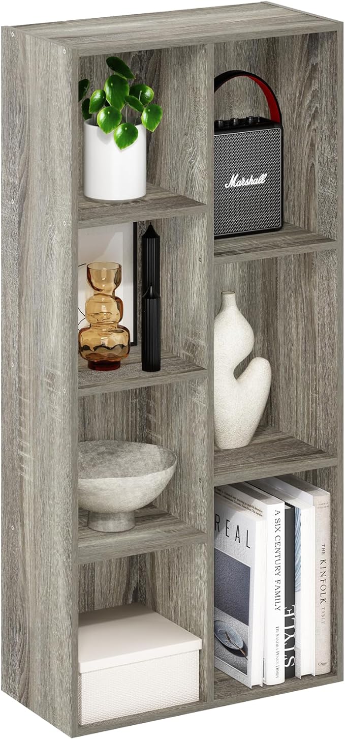Furinno LUDER Book Shelf, 7-Cube Bookshelf, Bookcase, 9.4 x 19.5 x 41.7, for Living Room, Bedroom, Home Office, French Oak