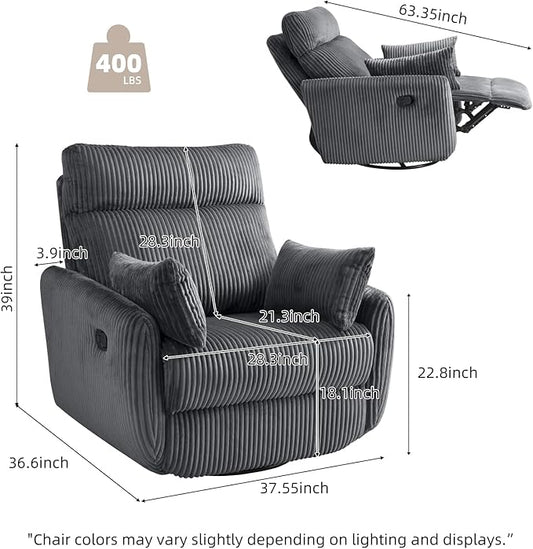 Swivel Recliner Chair for Adults, Corduroy Nursery Glider Rocking Chair, Armchair with 2 Pillows, Comfy High Back Reclining for Small Spaces, Nursery Bedroom Living Room (Corduroy Gray, 1 Pack)