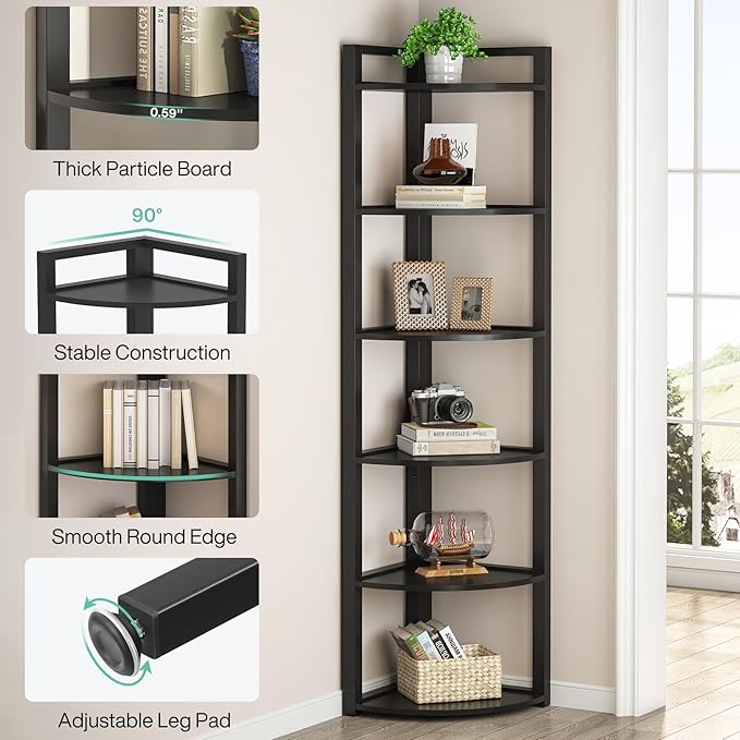 TRIBESIGNS WAY TO ORIGIN Corner Shelf, 70.9 Inch Tall Corner Bookshelf, 6 Tier Ladder Shelf with Metal Frames Multifunctional Modern Bookcase for Living Room, Home Office, Kitchen, Small Space (Black)