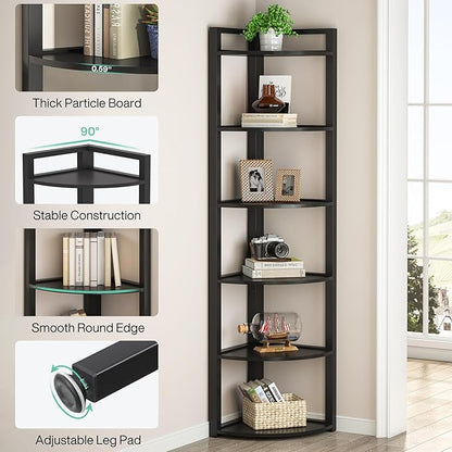 TRIBESIGNS WAY TO ORIGIN Corner Shelf, 70.9 Inch Tall Corner Bookshelf, 6 Tier Ladder Shelf with Metal Frames Multifunctional Modern Bookcase for Living Room, Home Office, Kitchen, Small Space (Black)