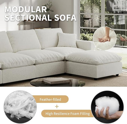 Modern Sectional Linen Couch for Living Room L-Shape Sofas,5 Seat Modular Cloud Sofas,Couches Cushion Covers Removable,Cozy Feather Down Sofa for Apartment Cream White