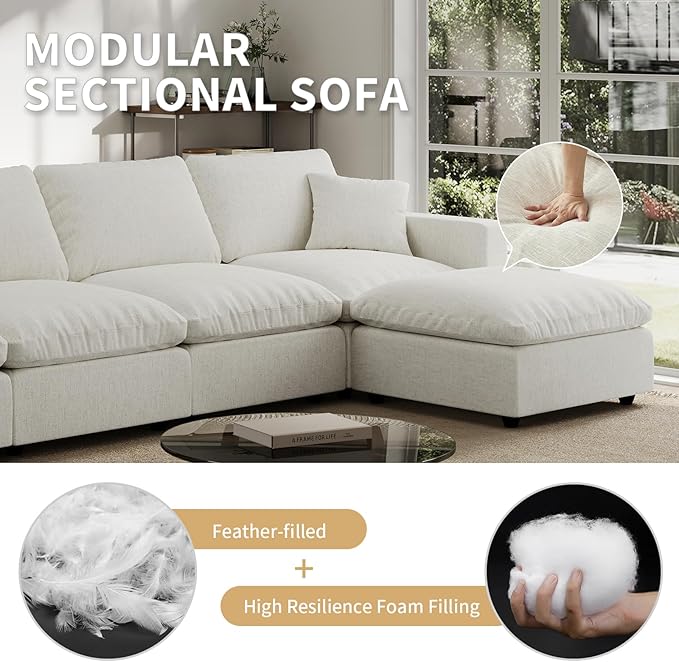 Modern Sectional Linen Couch for Living Room V-Shape Sofas,7 Seat Modular Cloud Sofas,Couches Cushion Covers Removable,Cozy Feather Down Sofa for Apartment Cream White