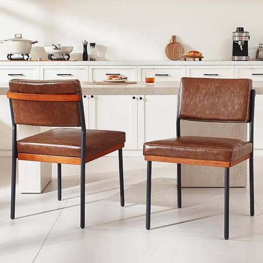 Modern Dining Chairs Set of 2, Kitchen Chairs with Thick Cushions and Adjustable Foot Pads, Upholstered Faux Leather Dining Room Chairs with Sturdy Metal Legs,Coffee