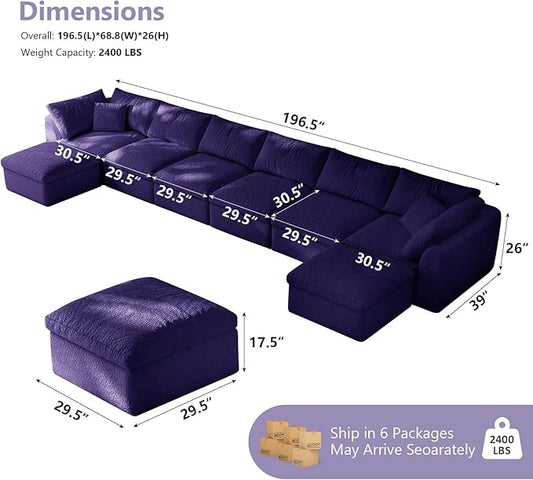 Boneless Cloud Couch Modular Sectional Sofa with Deep Seat for Living Room, L Shape Couch with Ottoman, Snowflake Cloth and 40D Memory Sponge，2 Throw Pillows (Purple, 6 Seater+2 Ottoman)